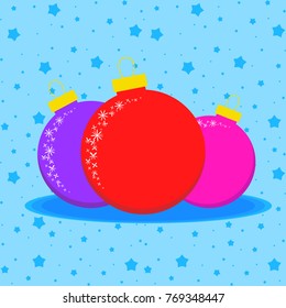 Card with three colored Christmas balls on a blue starry background