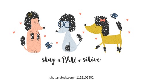 Card with three cute poodles and funny inscription on white background. Vector illustration for children for print, poster or greeting card. 