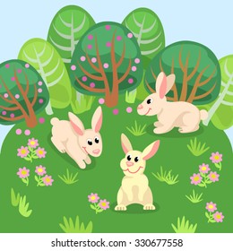 Card with three rabbits in natural background / Domestic animals in cartoon style 
