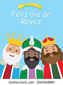 Card of the three wise men. Happy kings day written in Spanish