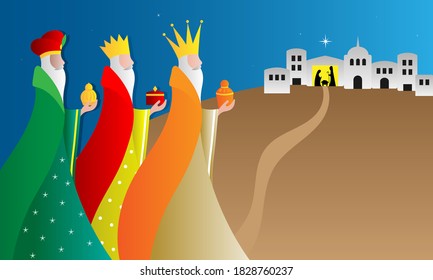 Card of the three wise men. The three Kings carry presents to Jesus