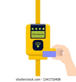 Card ticket validation, contactless cashless payments. Flat style Vector illustration.