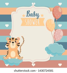 card of tiger animal with balloons and clouds