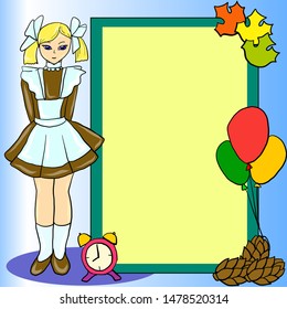 Card for timetable or some notes with schoolgirl, clock, balloons and leaves