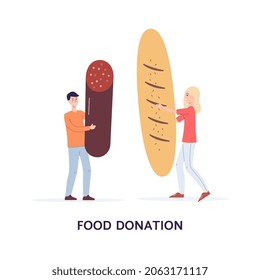 Card with tiny characters of volunteers holding food for donation and caption. Social support and charity for homeless, hungry and poor. Vector cartoon flat illustration.