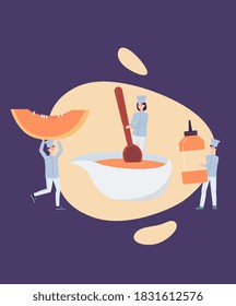 Card with tiny chefs cooking seasonal tasty pumpkin soup for thanksgiving. Traditional sweet autumn holiday dish. Flat cartoon vector illustration.