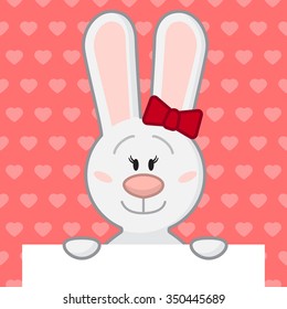 Card top decorative element. Cute she-rabbit with red bow. Perfect for cards, invitations, kid's menu, valentines. All items are isolated. Easter greeting card template. 