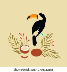 Card with toucan and coconuts.Exotic birds in a minimalist, abstract style, hand drawn illustration