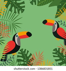 Card with toucans and palm leaves. 