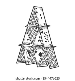 Card tower house of cards sketch sketch engraving vector illustration. Scratch board style imitation. Black and white hand drawn image.