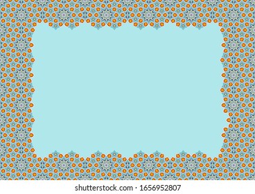 card with traditional indian/arabic floral and stars ornament frame, turquoise and gold colors, free space for text of invitation, diploma, size A4