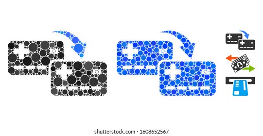 Card to card transfer mosaic of circle elements in different sizes and color hues, based on card to card transfer icon. Vector round elements are organized into blue illustration.