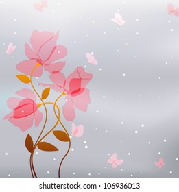 card as transparency pink flowers with butterfly on abstract gray blur background