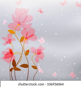 card as transparency pink flowers with butterfly on abstract gray blur background