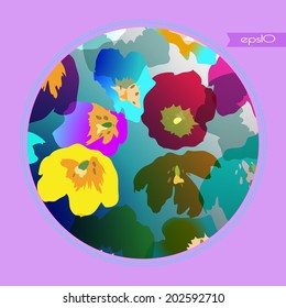 Card with transparent cilored tulips in a  gradient circle and text.