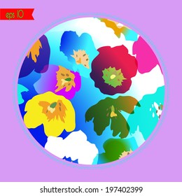 Card with transparent multicolored tulips in a circle and text.