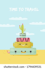 Card with travel suitcases, cactus, crab in a desert. Vector illustration