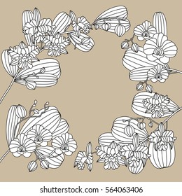 Card with tropic flower - orchid. Can be used for Invitation to the wedding or background. Adult antistress coloring page.