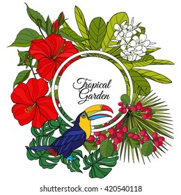 Card with tropical animals and plants and space for text. This illustration can be used as a greeting card or as a print on T-shirts and bags.