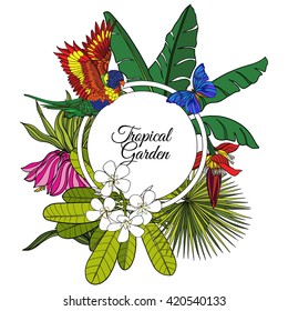 Card with tropical animals and plants and space for text. This illustration can be used as a greeting card or as a print on T-shirts and bags.