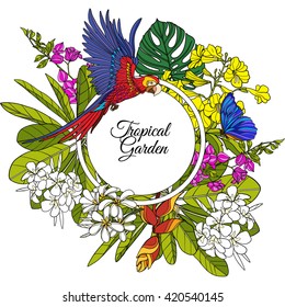 Card with tropical animals and plants and space for text. This illustration can be used as a greeting card or as a print on T-shirts and bags.