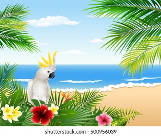 Card with tropical beach, tropical plants and parrot