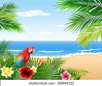 Card with tropical beach, tropical plants and parrot