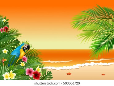 Card with tropical beach, tropical plants and parrot

