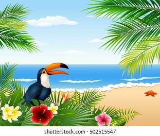 Card with tropical beach, tropical plants and toucan

