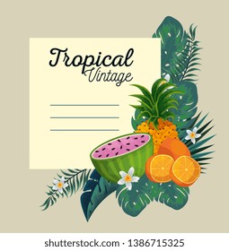 card with tropical fruits and exotic flowers and leaves