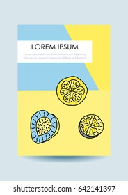 Card with tropical fruits in memphis style. Design for party, invitations. Vector illustration.