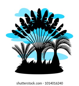 Card with tropical palm trees. Exotic tropical plants Illustration of jungle nature.