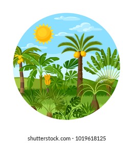 Card with tropical palm trees. Exotic tropical plants Illustration of jungle nature.