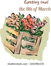 Card with tulips in basket on march 8 th vector EPS10