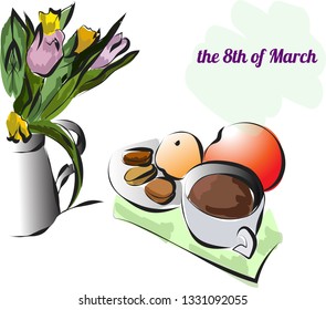 Card with tulips and cup of coffee on march 8 th vector EPS10