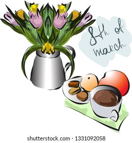 Card with tulips and cup of coffee on march 8 th vector EPS10