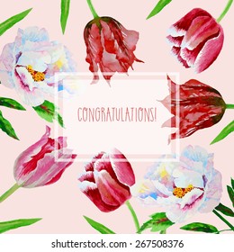 Card with tulips and peonies.Vector Illustration