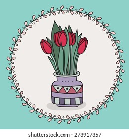 Card with tulips. Vector illustration.