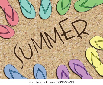 Card of turquoise green blue pink purple yellow cute Sandals  for brochure, paper, wallpaper, wrap, banner, background Vector illustration eps 10