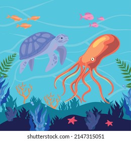 card of turtle and ocutopus in ocean