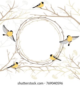 Card with twig frame and birds on tree branches, pastes color gamut.
