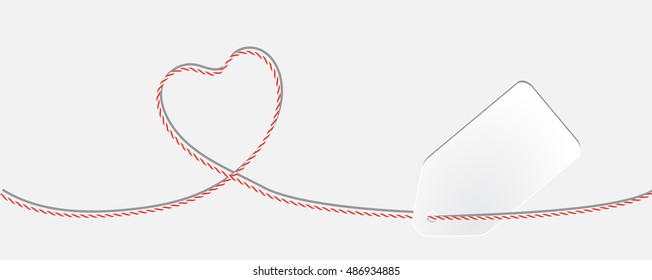 Card with twine lace heart and white paper tag, copy place, vector illustration