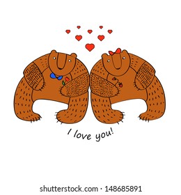 Card with two bears in love.Vector,image isolated on white background.