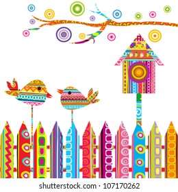 Card with two birds on a fence and birdhouse