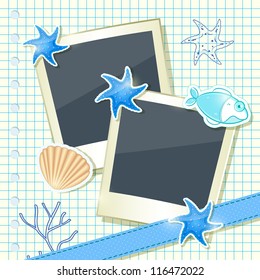 Card with Two Blank Photo Frames and Scrapbook Elements - Shell Starfish