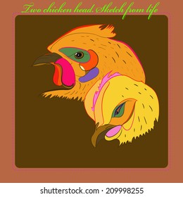 Card with two chicken head. Sketch  from life in a  dark orange background and green text. Handmade.