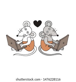 card with two little lovers white gray mouse freelancers with computers and a black heart
