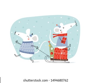 Card with two little mice and gifts on sled: Happy New Year. Vector illustration in red and blue for Christmas posters, cards, gift tags.  