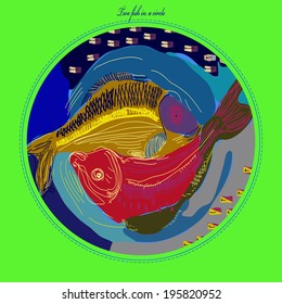 Card with two multicolored fish in a circle.Handmade.