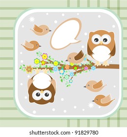 Card with two owls and birds on branch at day